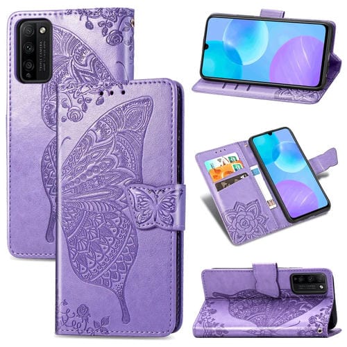Para Huawei Honor 30 Lite Butterfly Love Flower Funda de cuero con tapa horizontal en relieve con soporte, ranuras para tarjetas, billetera y cordón (morado claro)