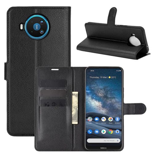 Para Nokia 8.3 5G Litchi Texture Funda protectora con tapa horizontal con soporte, ranuras para tarjetas y billetera (negro)