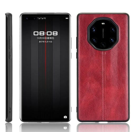Para Huawei Mate 40 RS Porsche Design Patrón de vaca de costura a prueba de golpes Piel PC + PU + TPU Estuche (rojo)