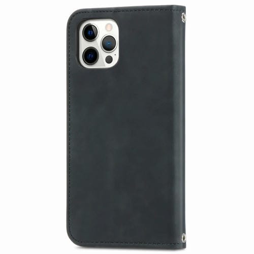 Funda de Cuero iPhone 12/12 Pro Retro Skin Feel Business con Tapa Magnética Soporte y Ranuras para Tarjetas (Negro)