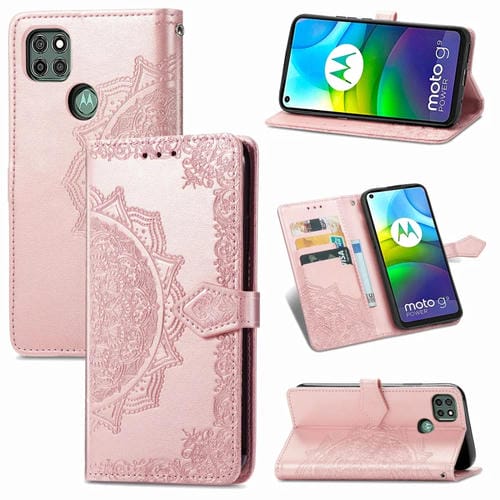 Para Motorola G9 Power Mandala Flower Funda de cuero horizontal en relieve con soporte y tres ranuras para tarjetas y billetera y cordón (oro rosa)