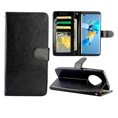 Funda protectora con tapa horizontal de cuero con textura de caballo loco para Huawei Mate 40 con soporte, ranuras para tarjetas, billetera y marco de fotos (negro)