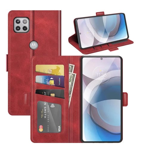 Para MOTOROLA MOTO ONE 5G ACE con hebilla magnética de doble lado Caja de cuero de chancletas horizontales con soporte y tragamonedas y billetera (rojo)