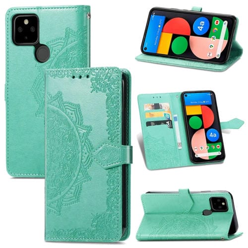 Para Google Pixel 5a Mandala Flower Flowsed Horizontal Funda de cuero con soporte / ranura para tarjeta / billetera / cordón (verde)