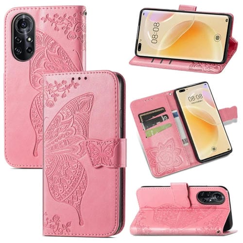 Para Huawei Nova 8 Pro Butterfly Love Flower FLIP Horizontal Flip Funda de cuero con soporte y ranura para tarjeta y billetera y cordón (rosa)
