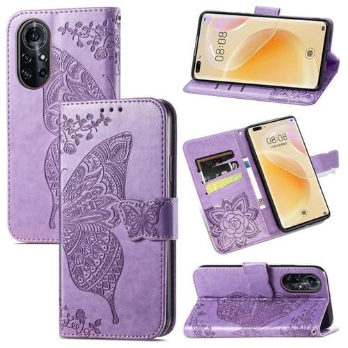 Para Huawei Nova 8 Pro Butterfly Love Flower Flower Horizontal Flip Funda de cuero con soporte y ranura para tarjeta y billetera y cordón (púrpura claro)