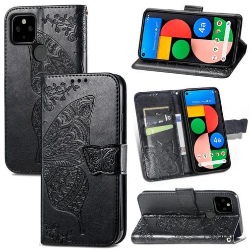 Para Google Pixel 5A Butterfly Love Flowe Flower Horizontal Flip Funda de cuero con Soporte y Tarjeta Slot & Wallet & Lanyard (Negro)