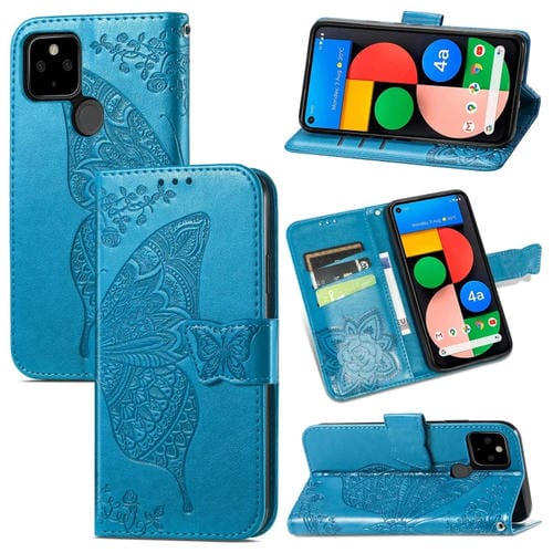 Para Google Pixel 5A Butterfly Love Flower Horizontal Flip Funda de cuero con soporte y ranura para tarjeta y billetera y cordón (azul)