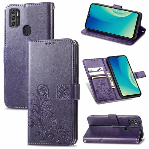 Para ZTE A7S 2020 Cierre de cuatro hojas con hebilla en relieve Protección de teléfono móvil Funda de cuero con cordillero y ranura para la tarjeta y la función de la billetera y el soporte (púrpura)