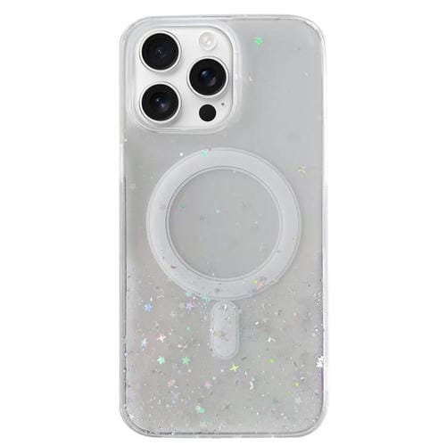 Funda híbrida de TPU transparente con purpurina MagSafe para iPhone 16 Pro (blanca)