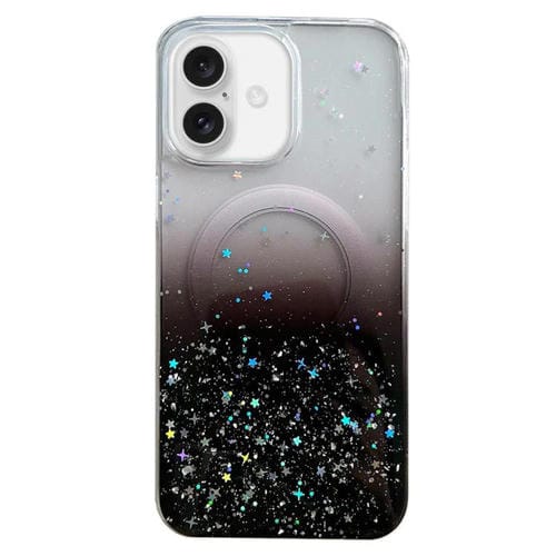 Funda híbrida de TPU transparente con purpurina MagSafe para iPhone 16 Plus (negra)