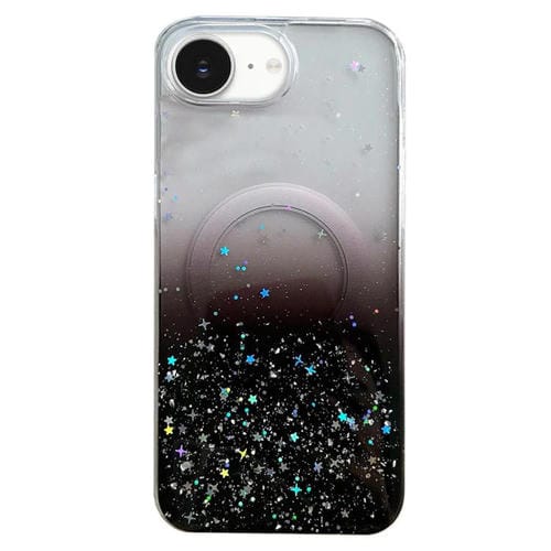 Funda híbrida de TPU transparente con purpurina MagSafe para iPhone 16e (negra)