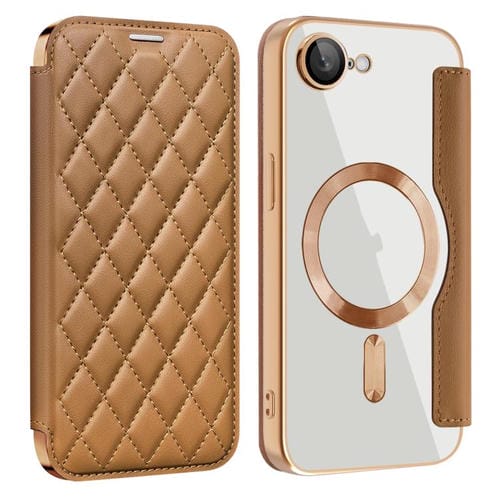 Funda de Cuero iPhone 16E con Diseño de Rombos Protección Rfid Magsafe (Marrón)