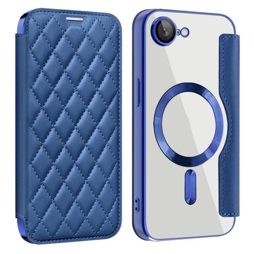 Funda de Cuero con Diseño de Rombos y Protección Rfid Magsafe para iPhone 16E (Azul Oscuro)