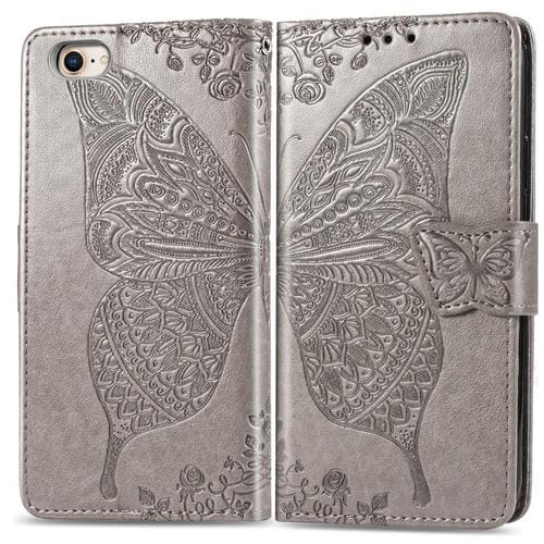 Funda de Cuero con Relieve Mariposa y Flor para iPhone 16E (Gris)