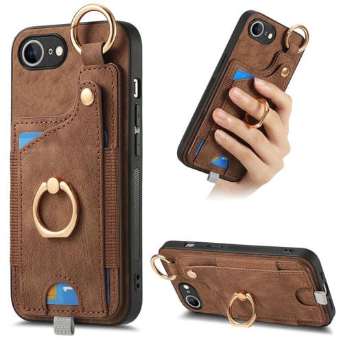 Funda para Teléfono iPhone 16E con Anillo Tarjetero Estilo Retro Asa para Colgar (Marrón)