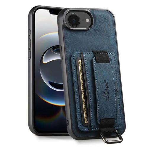 Funda para iPhone 16E Suteni H13 con Correa de Muñeca de Cuero de Lichi (Azul)