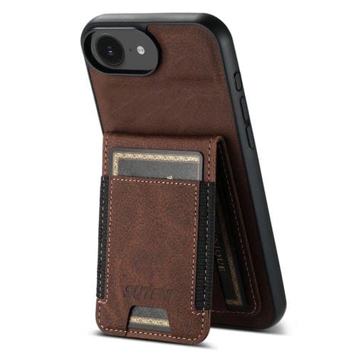 Funda para iPhone 16E Suteni H03 Piel de Lichi TaRJetero y Atril (Marrón)