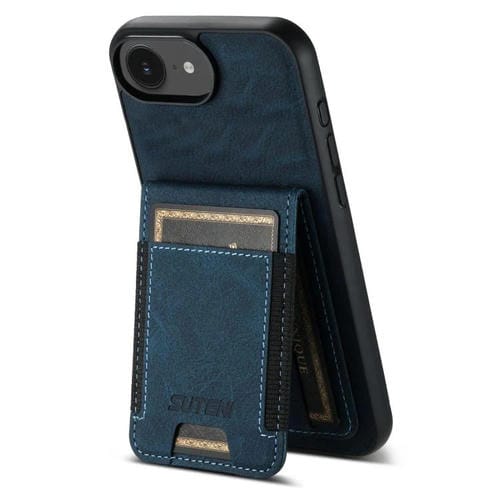 Funda para iPhone 16E Suteni H03 TaRJetero Piel de Lichi Parte Trasera Soporte (Azul)