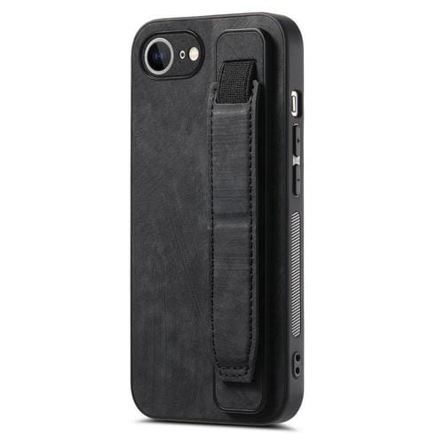 Funda de Cuero para iPhone 16E con Parte Trasera y Soporte para Pulsera (Negro)