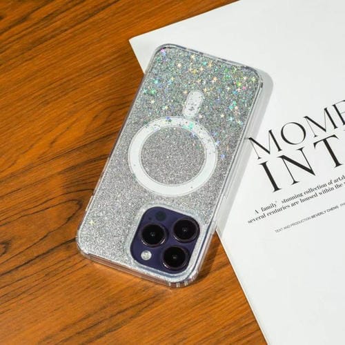 Funda MagSafe con purpurina y estrellas para iPhone 16 (plata degradada)