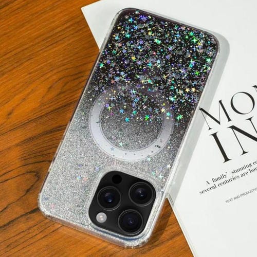 Funda MagSafe con purpurina degradada y estrellas para iPhone 16 Pro (negro degradado)