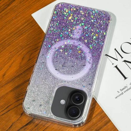 Funda MagSafe con purpurina degradada y estrellas para iPhone 16 Plus (morado degradado)