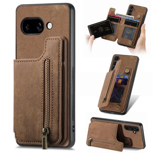 Funda de Cuero Retro con Cremallera y Billetera para Google Pixel 9A (Marrón)