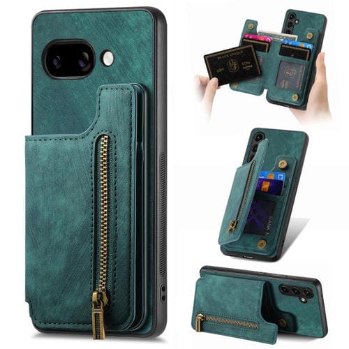Funda de Cuero Retro con Cremallera para Google Pixel 9A (Verde)