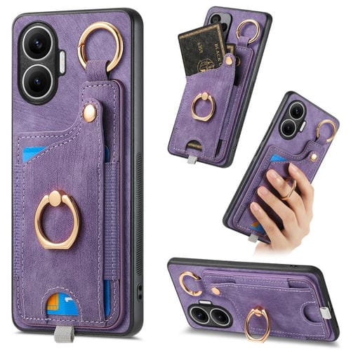 Funda para Redmi Turbo 4 Pro con diseño retro de piel sintética, con anillo y asa para colgar (morado)