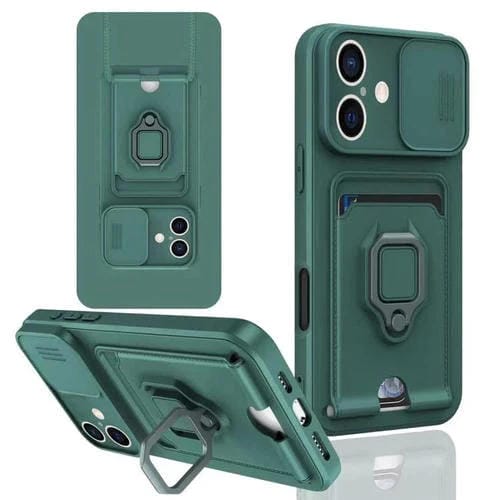 Funda de Silicona para iPhone 16 Plus con Soporte para Tarjetas Magnético Deslizante Camshield (Verde Noche Oscuro)