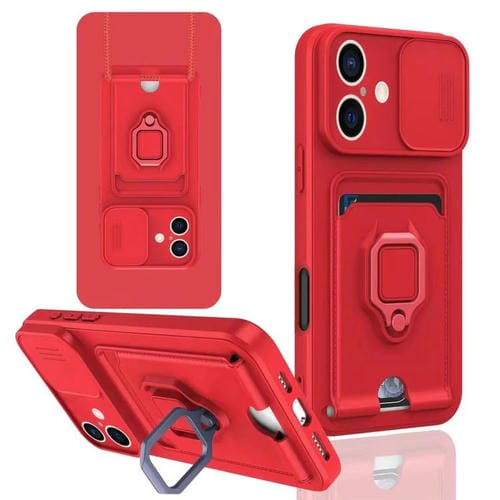 Funda de Silicona para iPhone 16 Plus con Soporte para Tarjetas Magnético y Deslizante (Rojo)
