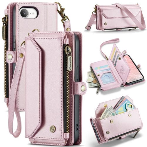 Funda de Cuero Antirrobo Caseme C36 para iPhone 16E con Ranuras y Billetera con Cremallera (Rosa)