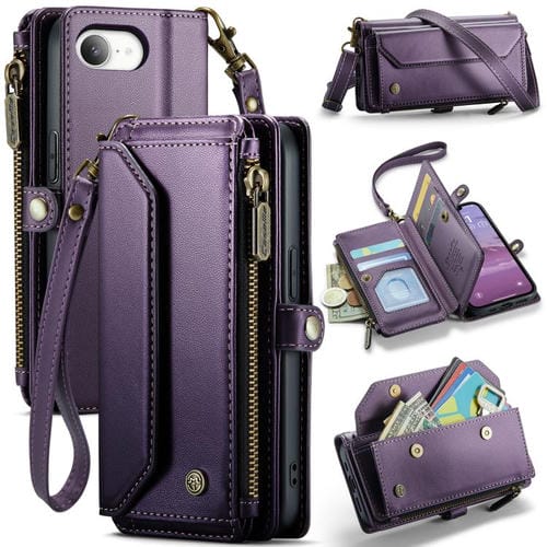 Funda de Cuero Antirrobo Caseme C36 para iPhone 16E con Ranuras y Billetera con Cremallera (Morado)