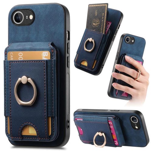 Funda de Cuero para iPhone 16E con Soporte Magnético Divisible y Estilo Retro (Azul)