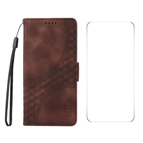 Funda de Cuero Enkay para iPhone 16E Estampado Rombos y Estrellas con Película Protectora (Marrón)