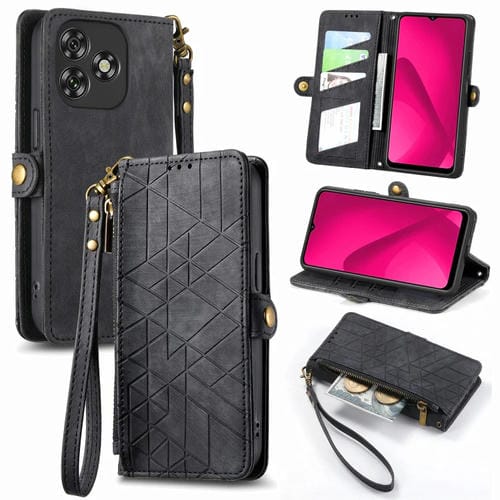 Funda de Cuero con Hebilla Lateral y Cremallera Geométrica para Oukitel C53 (Negro)