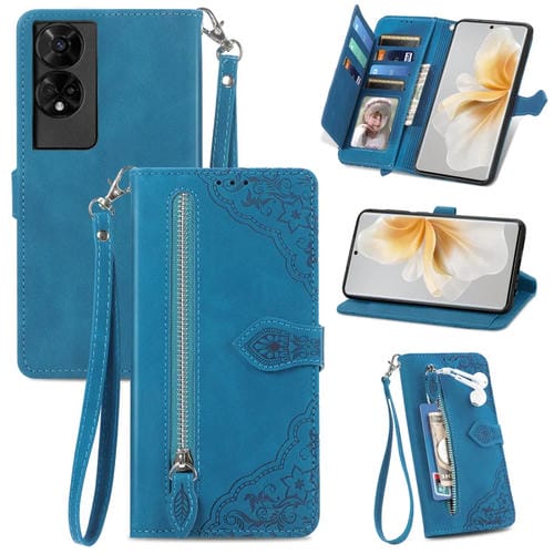 Funda de Cuero para TCL 50 5G con Cremallera y Flores en Relieve (Azul)