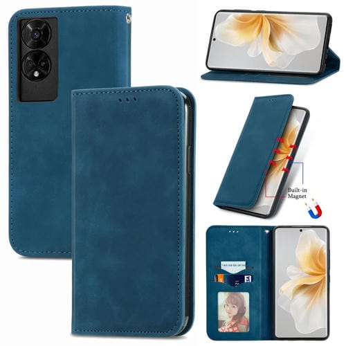 Funda de Cuero para TCL 50 5G con Tapa Magnética y Tacto Retro (Azul)