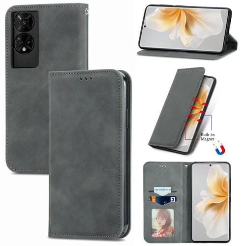 Funda de Cuero para TCL 50 5G con Tapa Magnética y Tacto Retro (Gris)