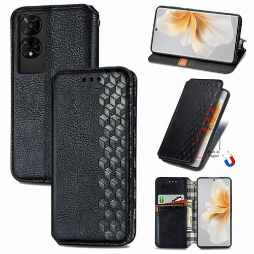 Funda de Cuero Magnética con Rejilla Cúbica para TCL 50 5G (Negra)