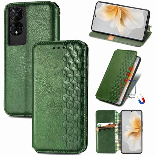 Funda de Cuero Magnética con Rejilla Cúbica para TCL 50 5G (Verde)