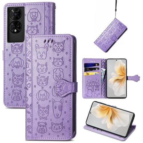 Funda de Piel para TCL 50 5G con Relieve de Gato y Perro (Morado)