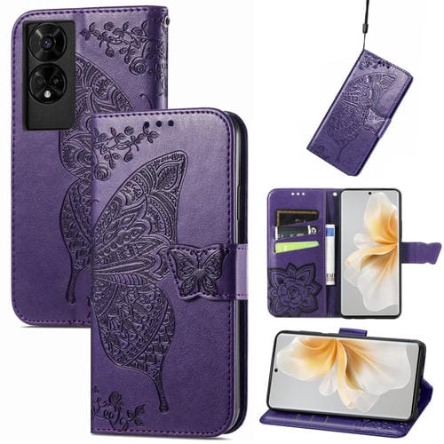 Funda de Cuero con Relieve de Mariposa y Flor para TCL 50 5G (Morado)