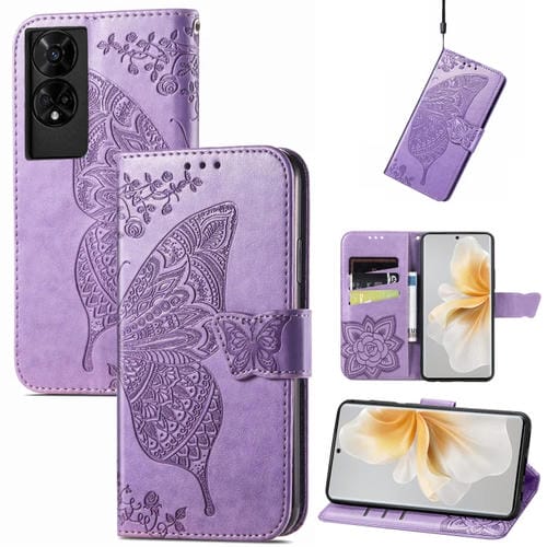 Funda de Cuero con Relieve Mariposa y Flor para TCL 50 5G (Lavanda)