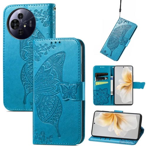Funda de Cuero para TCL 50 Pro Nxtpaper con Relieve de Mariposa y Flor de Amor (Azul)