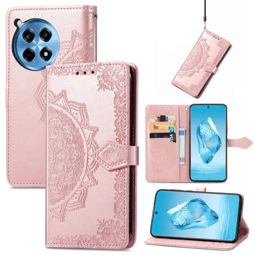 Funda de Cuero para OnePlus Ace 3 Pro con Relieve de Flor de Mandala (Oro Rosa)
