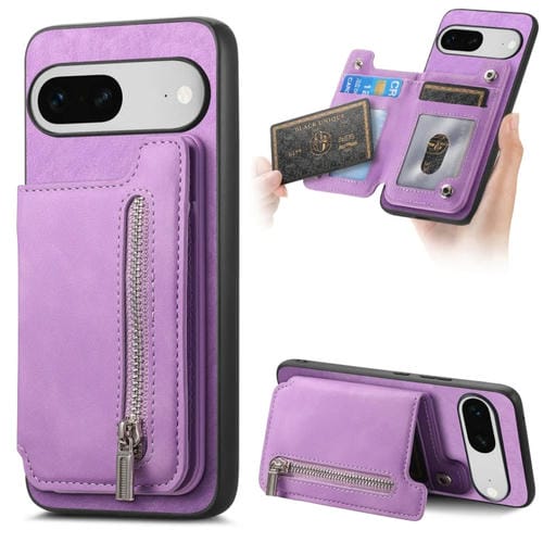 Funda para Teléfono Google Pixel 7 con Cremallera Magsafe, Tarjetero y Cartera (Morado)