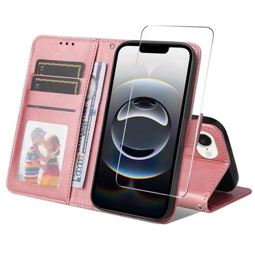 Funda para iPhone 16E Enkay con Tarjetero y Textura de Piel de Becerro con Protector de Pantalla (Rosa)
