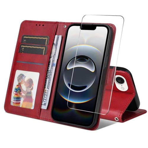 Funda para iPhone 16E Enkay con Tarjetero Textura Piel de Becerro Protector Pantalla (Rojo)